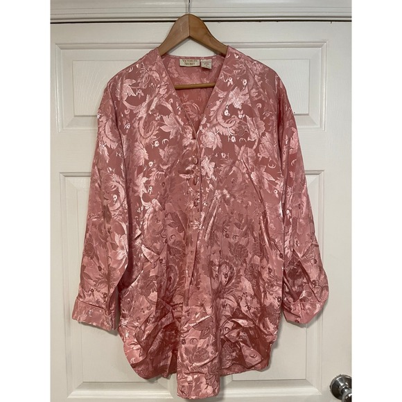 Victoria's Secret Tops - Victorias Secret Vintage Gold Label Satin Floral Sleep Shirt Embroidered Pink M